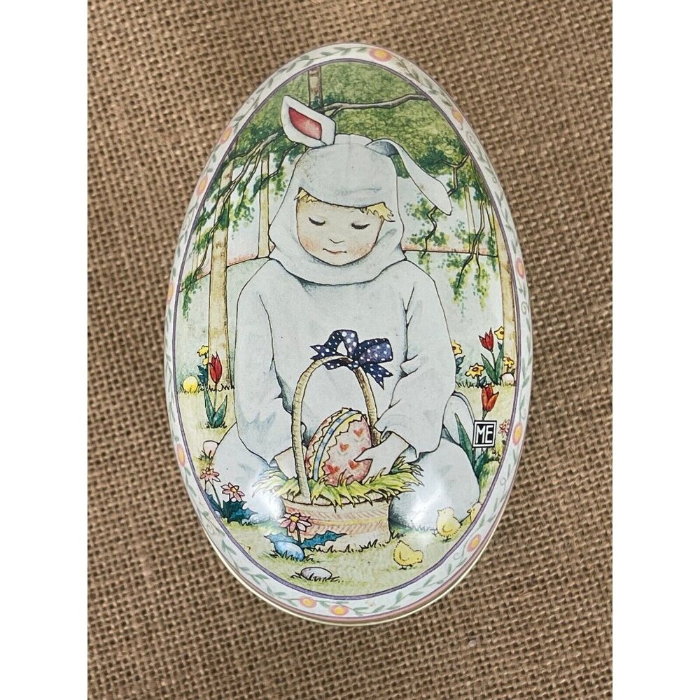 Vintage Mary Engelbreit Easter Egg Canister Little Boy Bunny Costume 1990s Tin